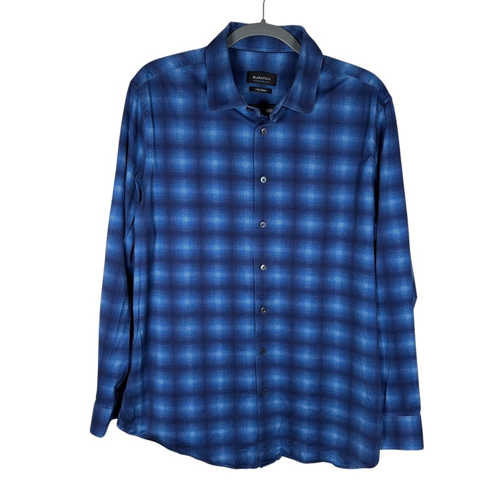 Bugatchi OooCotton Tech Shirt‎ Mens XL Long Sleeve Button Up Blue Ombre Plaid